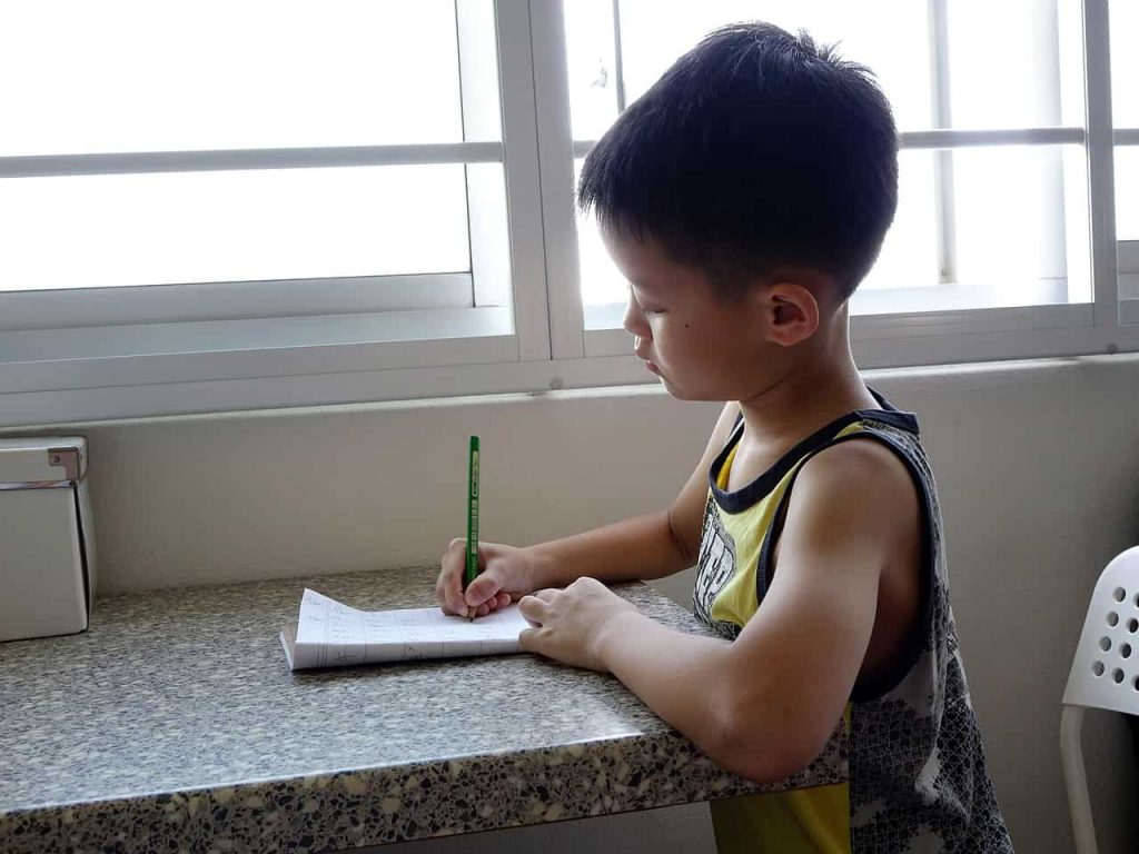 Boy Writing On A Book Near The Window