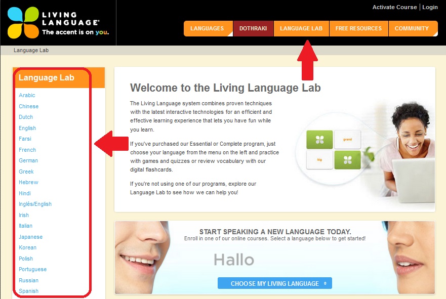 Living Language Main Menu Homepage