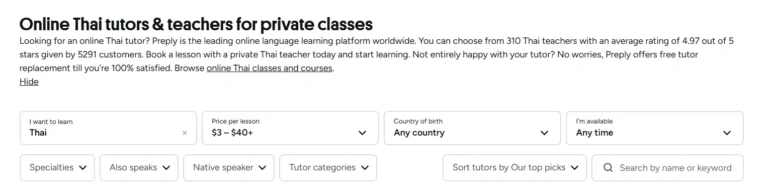 Preply Find Tutors Options
