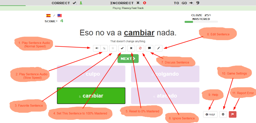 Fluency Fast Track Vocabulary Skill Multiple Choice Button Options