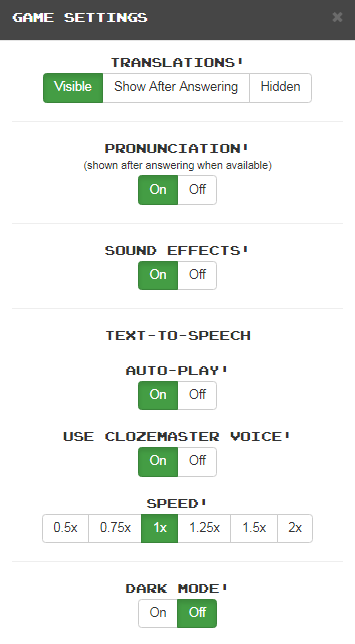 Game Settings For Vocabulary Multiple Choice