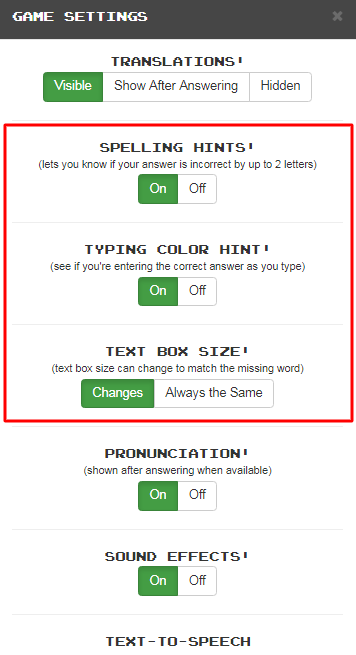 Game Settings For Vocabulary Text Input
