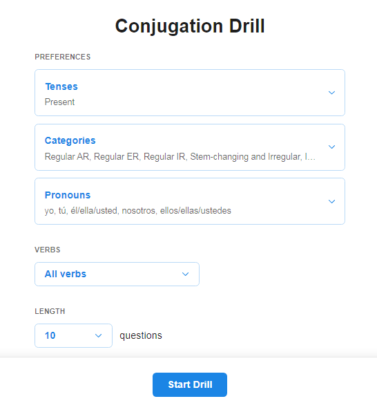 SpanishDict Conjugation Drill Page