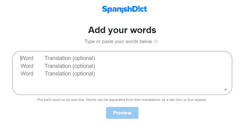 SpanishDict Import From Word, Excel
