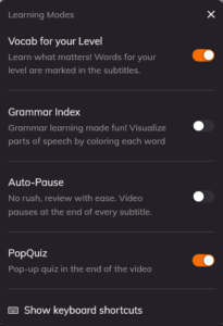 Lingopie Learning Modes Settings