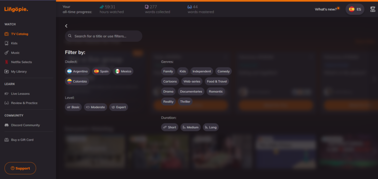 Lingopie Search & Filter